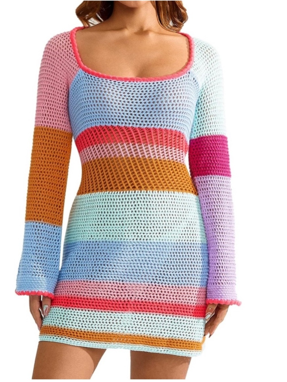 Unbranded Rainbow Stripe Crochet Knit Mini Dress Long Sleeve Beach Coverup